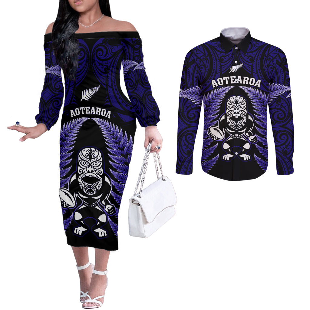 new-zealand-aotearoa-rugby-couples-matching-off-the-shoulder-long-sleeve-dress-and-long-sleeve-button-shirts-nz-tiki-with-maori-fern-world-cup-blue-version