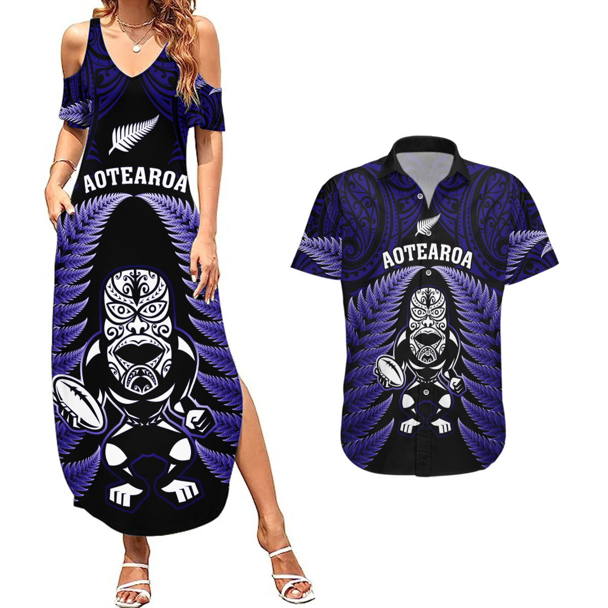 New Zealand Aotearoa Rugby Couples Matching Summer Maxi Dress and Hawaiian Shirt NZ Tiki With Maori Fern World Cup Blue Version - Wonder Print Shop