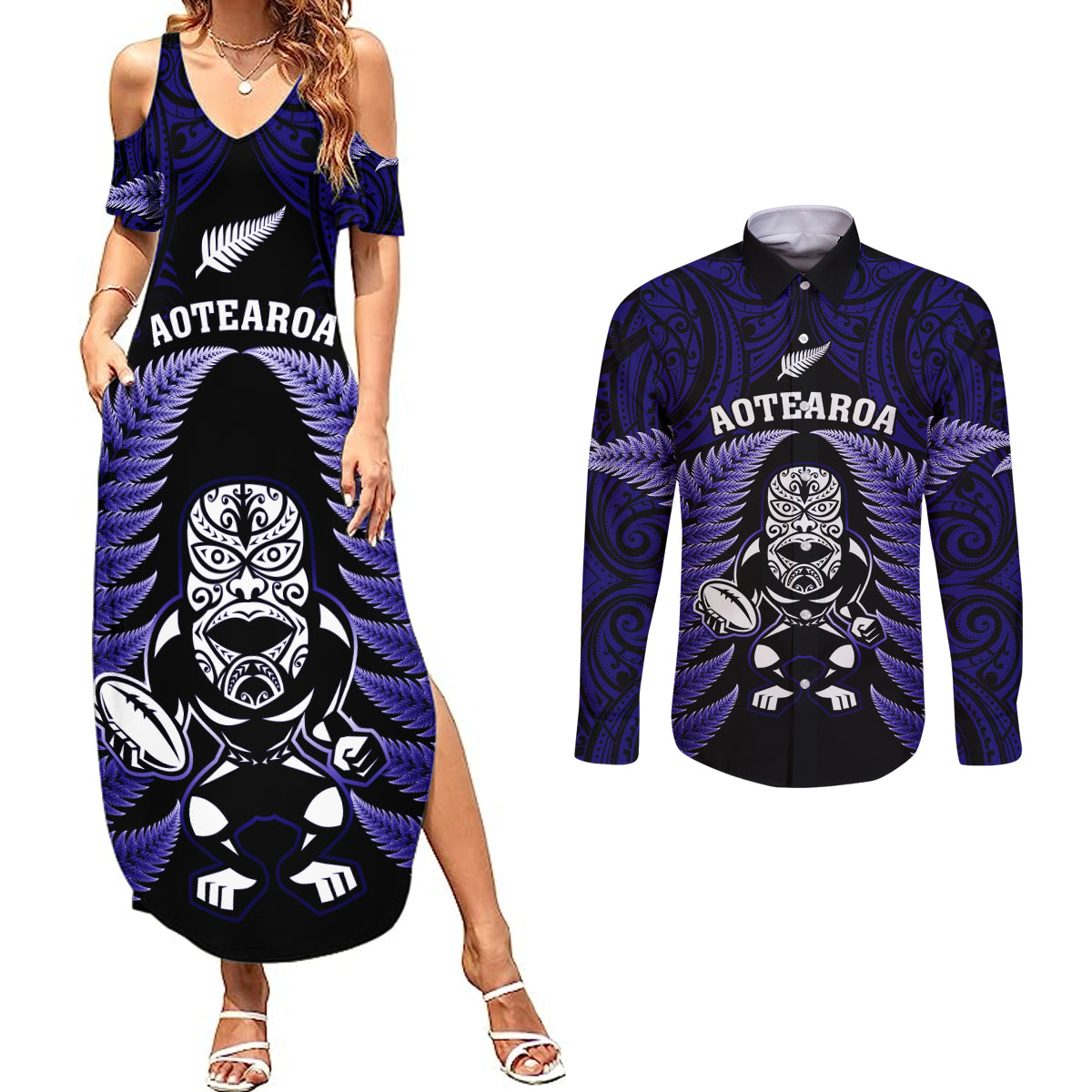 New Zealand Aotearoa Rugby Couples Matching Summer Maxi Dress and Long Sleeve Button Shirts NZ Tiki With Maori Fern World Cup Blue Version - Wonder Print Shop