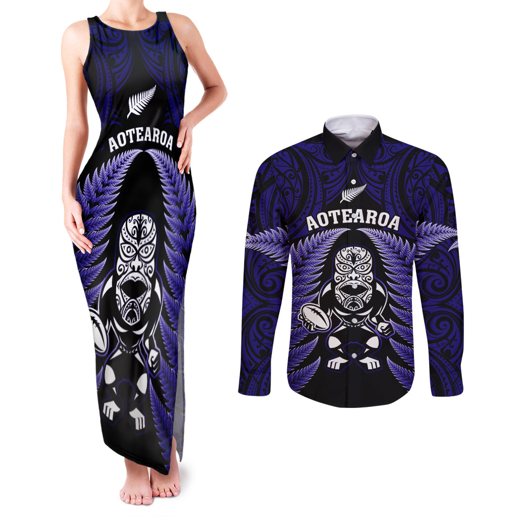 New Zealand Aotearoa Rugby Couples Matching Tank Maxi Dress and Long Sleeve Button Shirts NZ Tiki With Maori Fern World Cup Blue Version - Wonder Print Shop