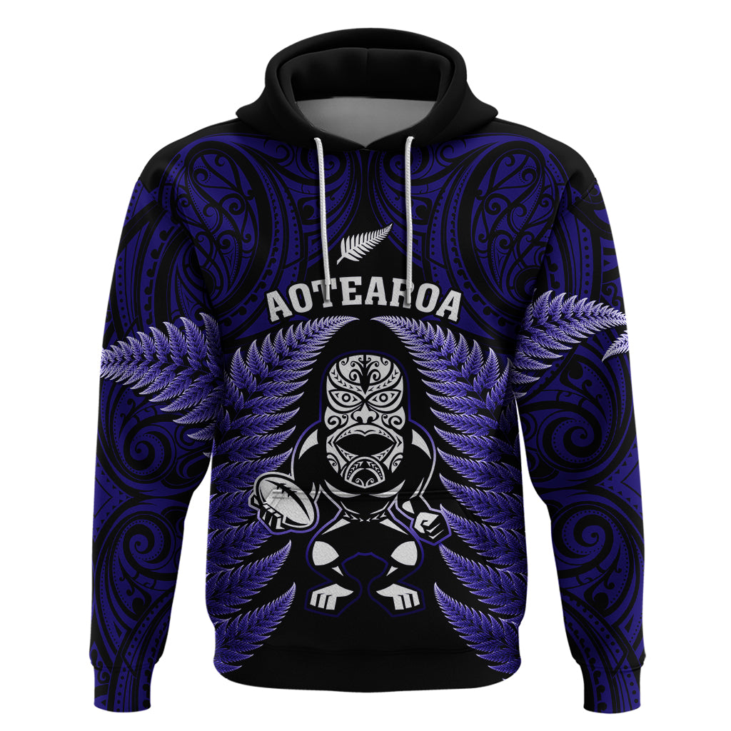 New Zealand Aotearoa Rugby Hoodie NZ Tiki With Maori Fern World Cup Blue Version - Wonder Print Shop