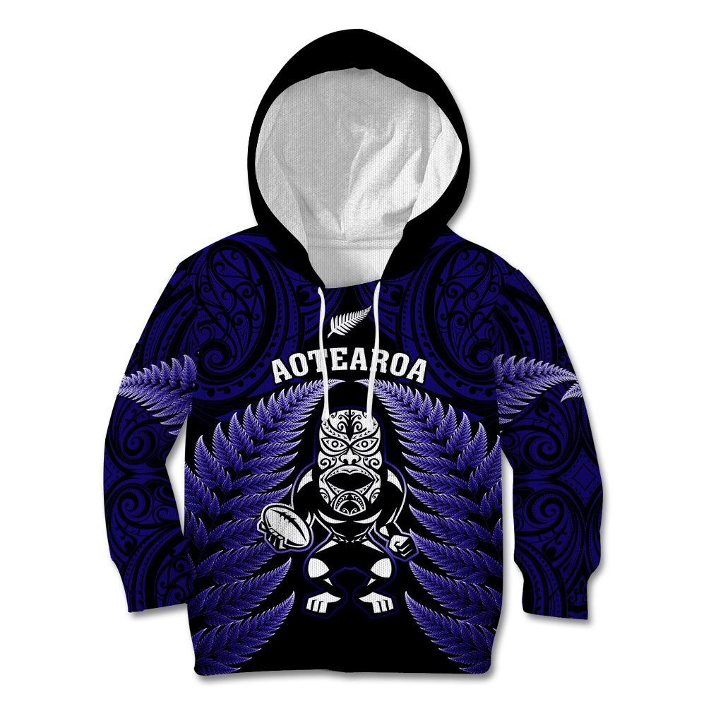 New Zealand Aotearoa Rugby Kid Hoodie NZ Tiki With Maori Fern World Cup Blue Version - Wonder Print Shop