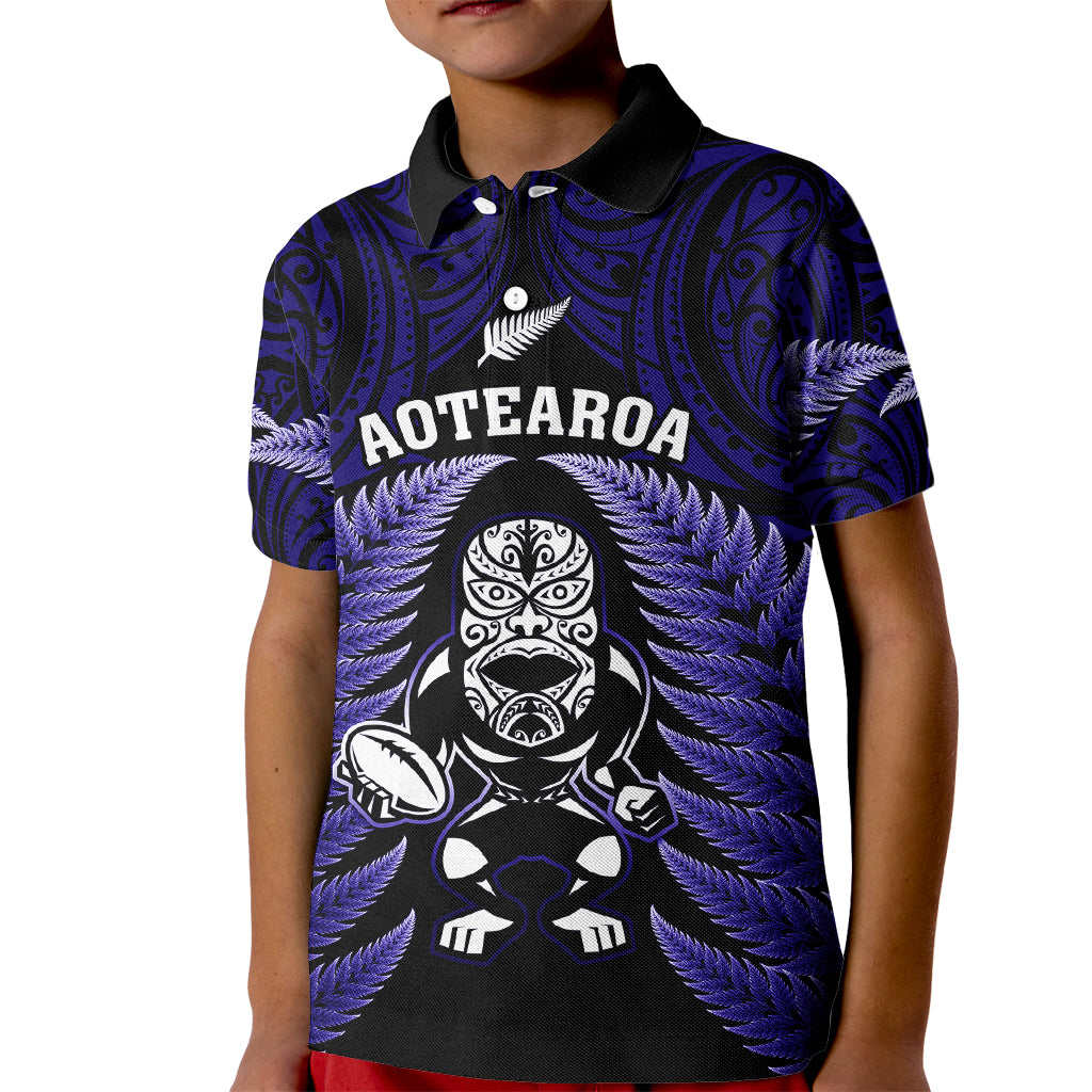 New Zealand Aotearoa Rugby Kid Polo Shirt NZ Tiki With Maori Fern World Cup Blue Version - Wonder Print Shop