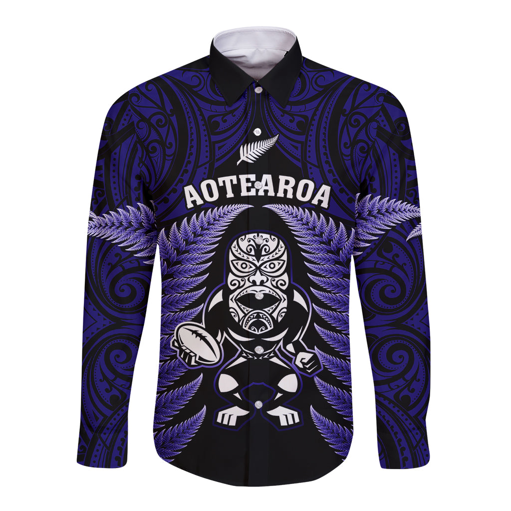 New Zealand Aotearoa Rugby Long Sleeve Button Shirt NZ Tiki With Maori Fern World Cup Blue Version - Wonder Print Shop