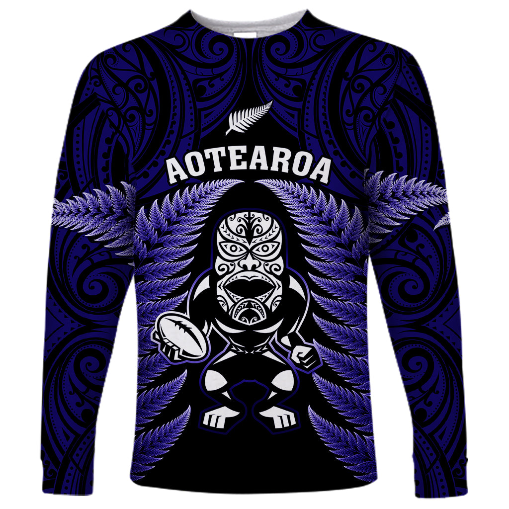 New Zealand Aotearoa Rugby Long Sleeve Shirt NZ Tiki With Maori Fern World Cup Blue Version - Wonder Print Shop