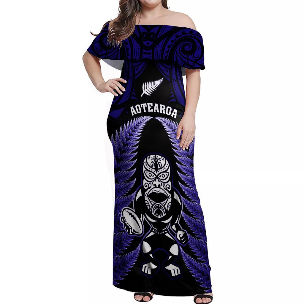 New Zealand Aotearoa Rugby Off Shoulder Maxi Dress NZ Tiki With Maori Fern World Cup Blue Version - Wonder Print Shop