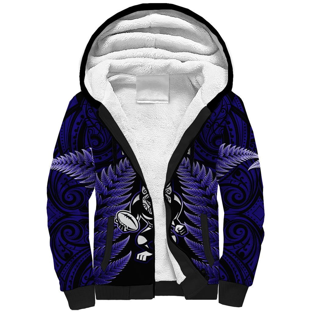 New Zealand Aotearoa Rugby Sherpa Hoodie NZ Tiki With Maori Fern World Cup Blue Version - Wonder Print Shop