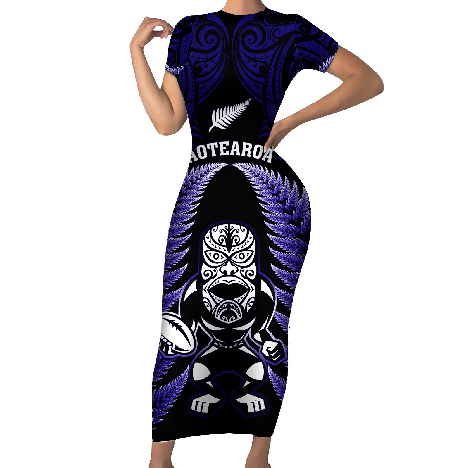 New Zealand Aotearoa Rugby Short Sleeve Bodycon Dress NZ Tiki With Maori Fern World Cup Blue Version - Wonder Print Shop