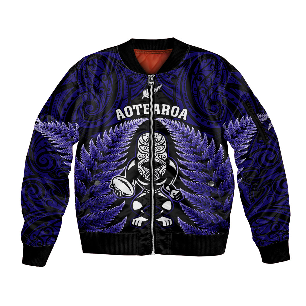 New Zealand Aotearoa Rugby Sleeve Zip Bomber Jacket NZ Tiki With Maori Fern World Cup Blue Version - Wonder Print Shop