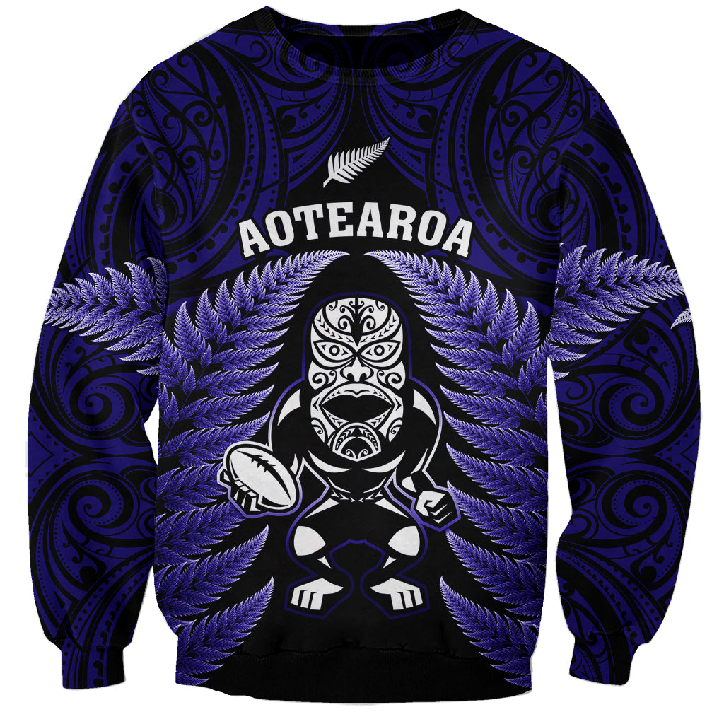 New Zealand Aotearoa Rugby Sweatshirt NZ Tiki With Maori Fern World Cup Blue Version - Wonder Print Shop