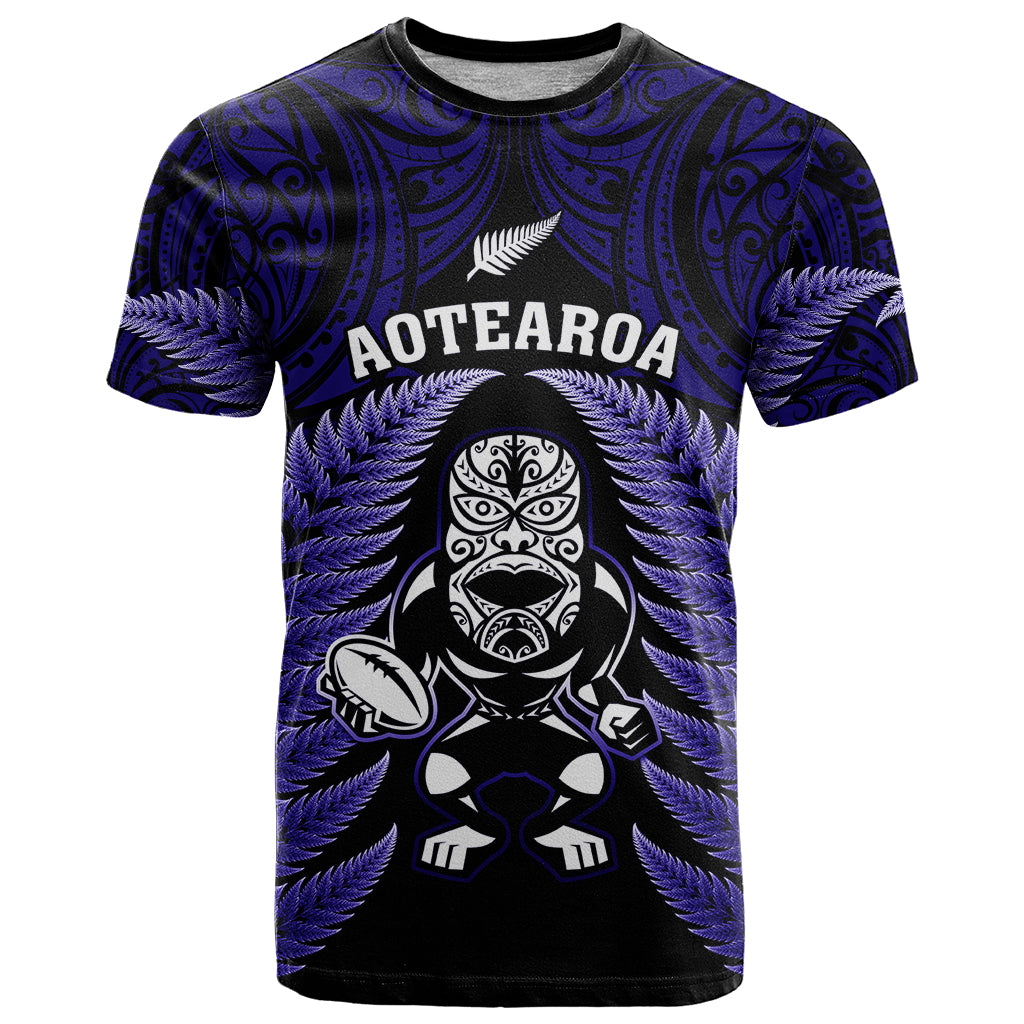 New Zealand Aotearoa Rugby T Shirt NZ Tiki With Maori Fern World Cup Blue Version - Wonder Print Shop