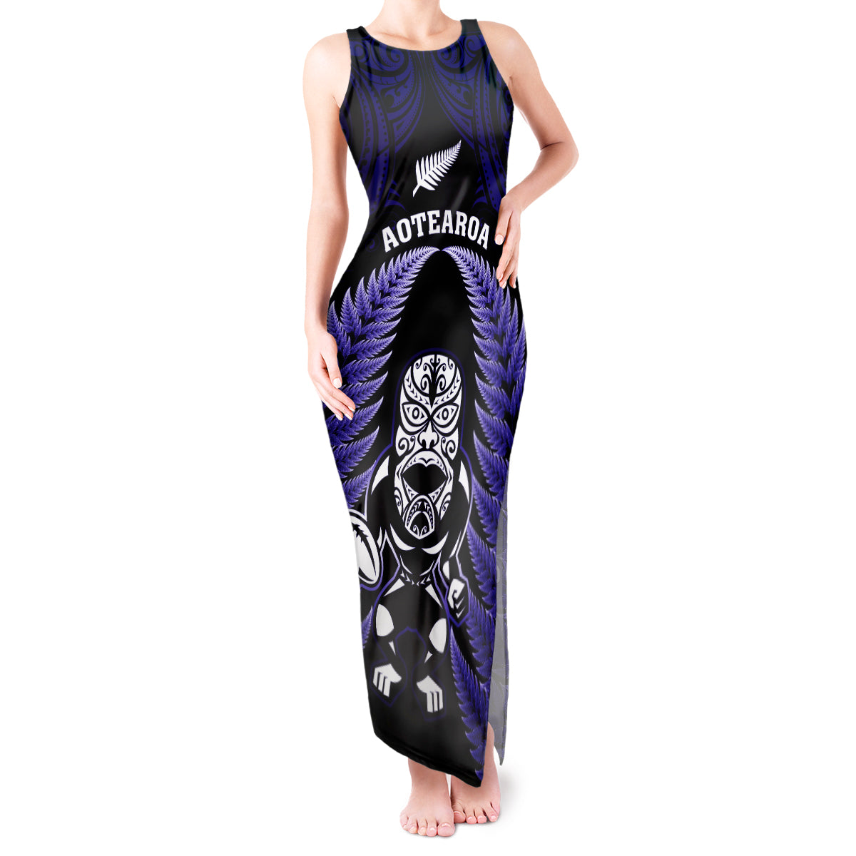 New Zealand Aotearoa Rugby Tank Maxi Dress NZ Tiki With Maori Fern World Cup Blue Version - Wonder Print Shop