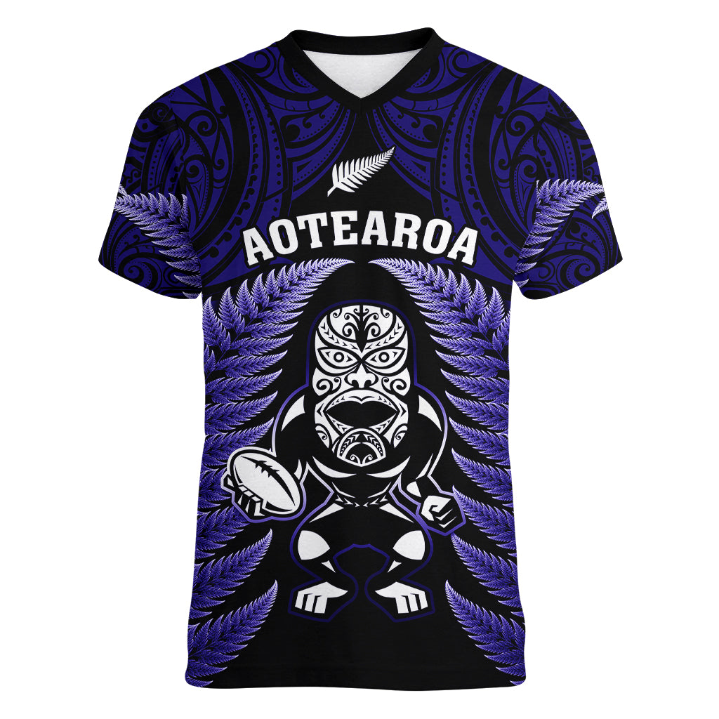 New Zealand Aotearoa Rugby Women V Neck T Shirt NZ Tiki With Maori Fern World Cup Blue Version - Wonder Print Shop