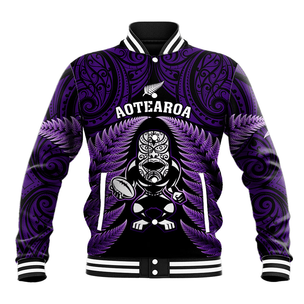 Unisex purple rugby baseball jacket with ribbed collar, front tiki and fern graphics