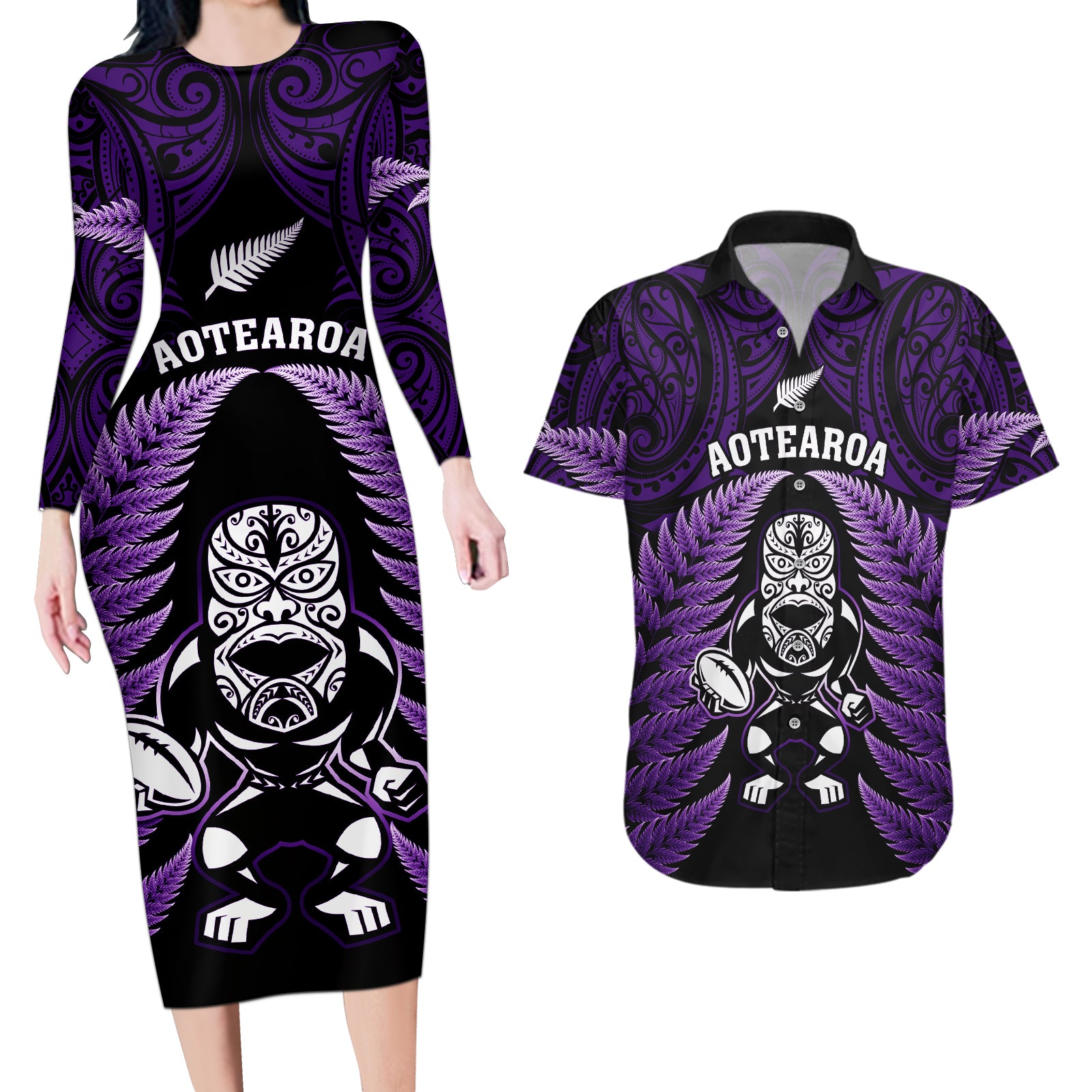 New Zealand Aotearoa Rugby Couples Matching Long Sleeve Bodycon Dress and Hawaiian Shirt NZ Tiki With Maori Fern World Cup Purple Version - Wonder Print Shop