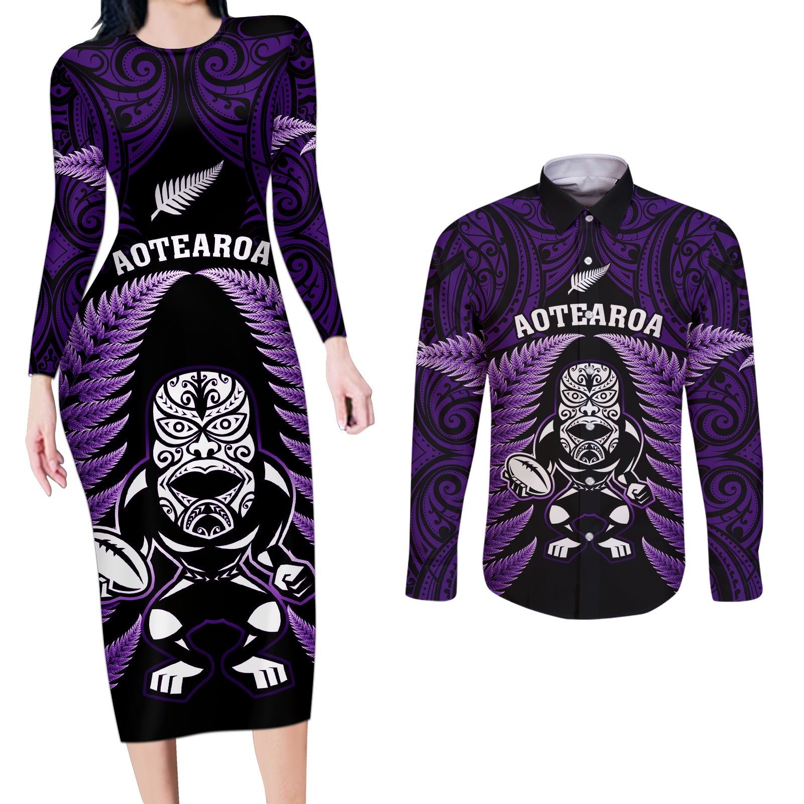 New Zealand Aotearoa Rugby Couples Matching Long Sleeve Bodycon Dress and Long Sleeve Button Shirts NZ Tiki With Maori Fern World Cup Purple Version - Wonder Print Shop