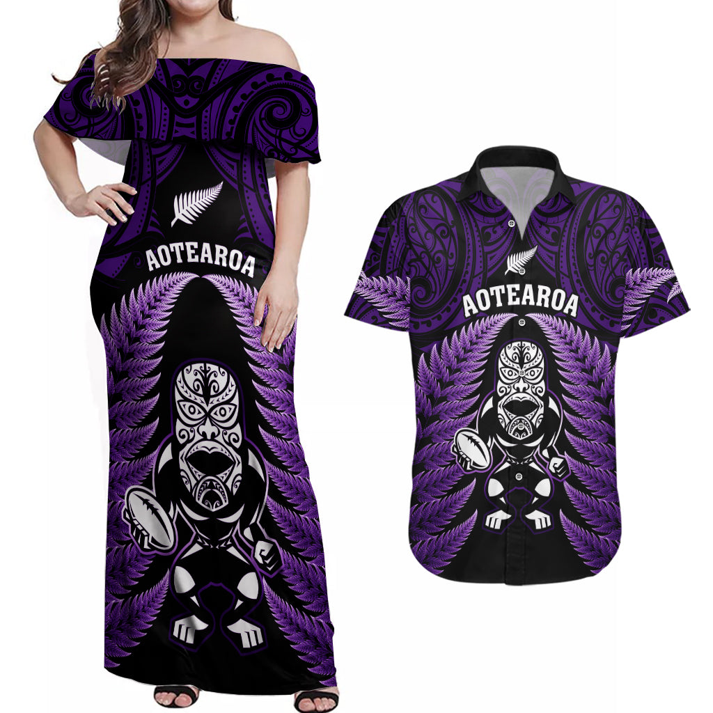 New Zealand Aotearoa Rugby Couples Matching Off Shoulder Maxi Dress and Hawaiian Shirt NZ Tiki With Maori Fern World Cup Purple Version - Wonder Print Shop