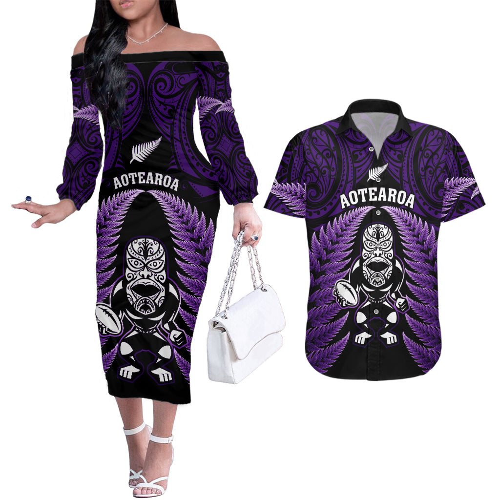 New Zealand Aotearoa Rugby Couples Matching Off The Shoulder Long Sleeve Dress and Hawaiian Shirt NZ Tiki With Maori Fern World Cup Purple Version - Wonder Print Shop