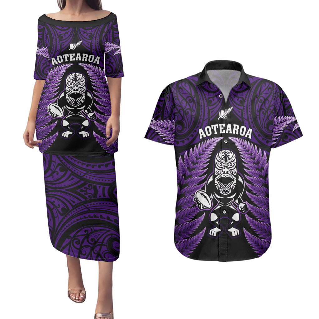 New Zealand Aotearoa Rugby Couples Matching Puletasi Dress and Hawaiian Shirt NZ Tiki With Maori Fern World Cup Purple Version - Wonder Print Shop