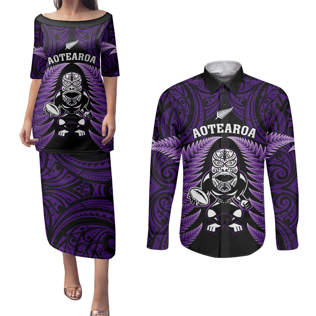 New Zealand Aotearoa Rugby Couples Matching Puletasi Dress and Long Sleeve Button Shirts NZ Tiki With Maori Fern World Cup Purple Version - Wonder Print Shop