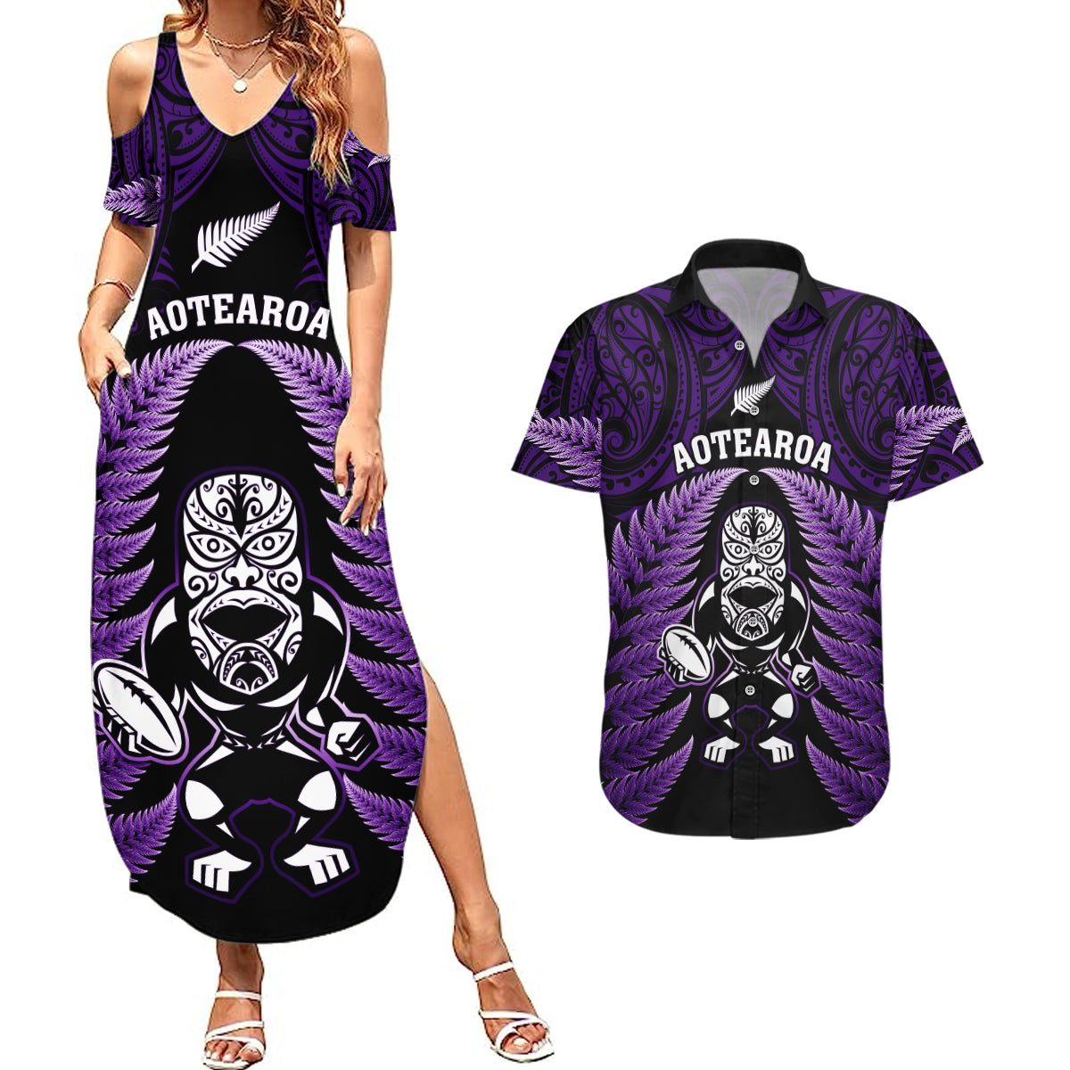 New Zealand Aotearoa Rugby Couples Matching Summer Maxi Dress and Hawaiian Shirt NZ Tiki With Maori Fern World Cup Purple Version - Wonder Print Shop