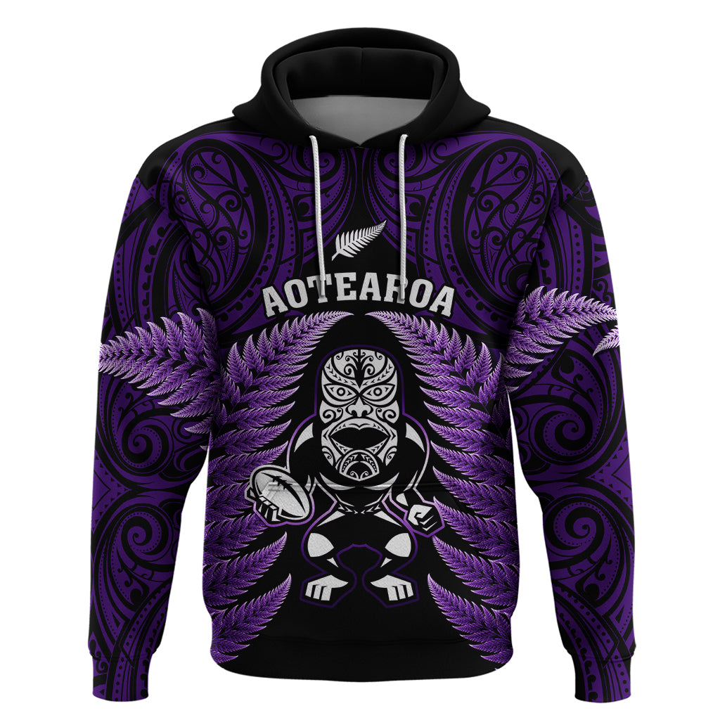 New Zealand Aotearoa Rugby Hoodie NZ Tiki With Maori Fern World Cup Purple Version - Wonder Print Shop