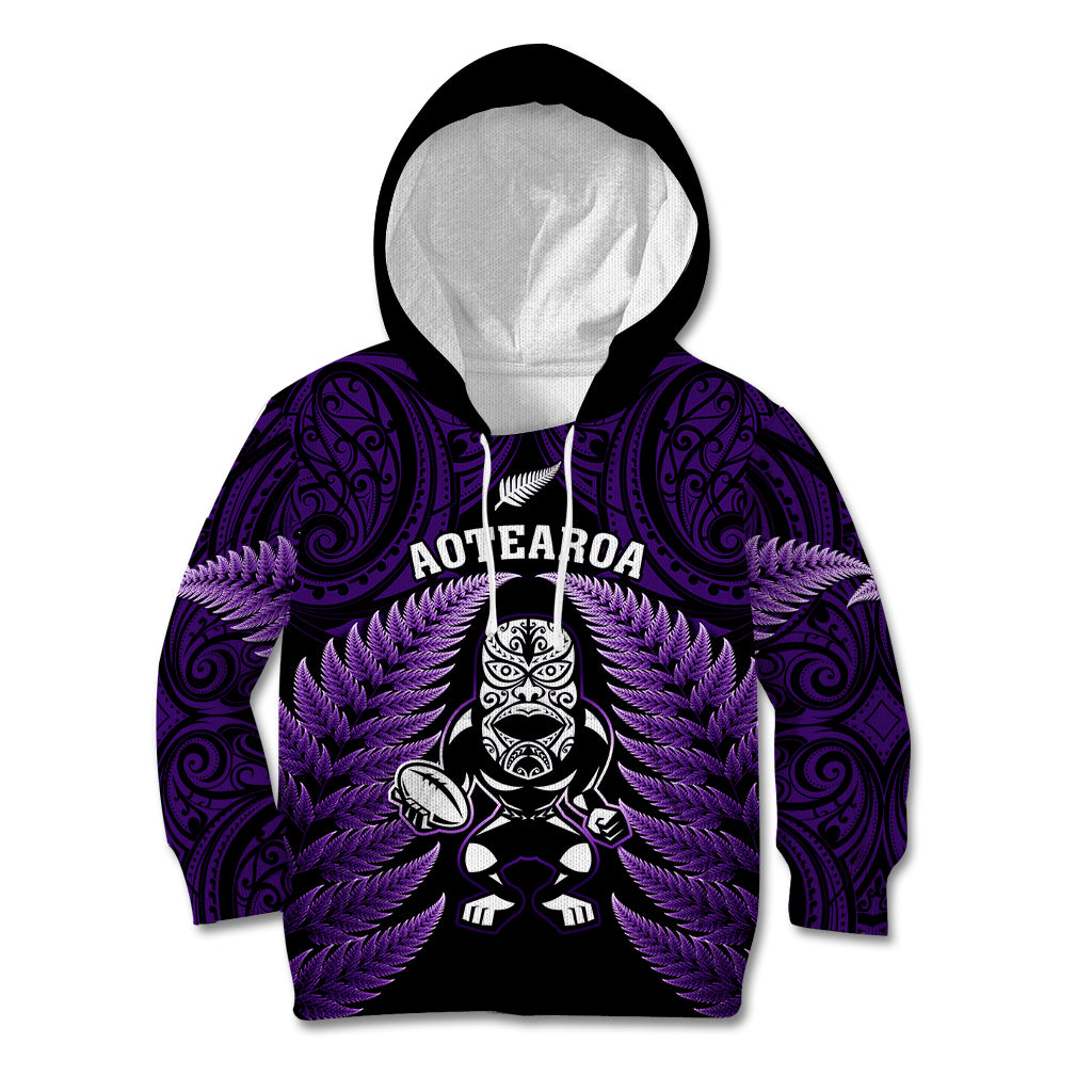 New Zealand Aotearoa Rugby Kid Hoodie NZ Tiki With Maori Fern World Cup Purple Version - Wonder Print Shop