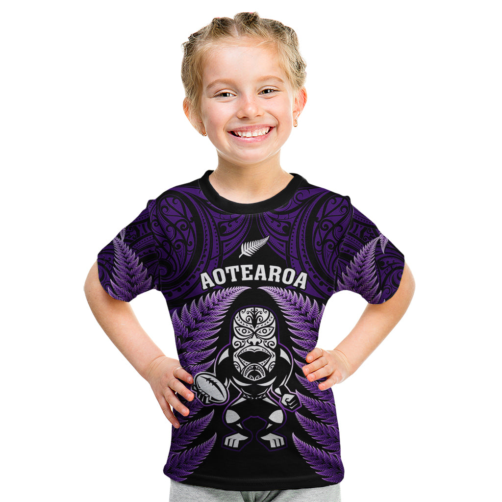 New Zealand Aotearoa Rugby Kid T Shirt NZ Tiki With Maori Fern World Cup Purple Version - Wonder Print Shop