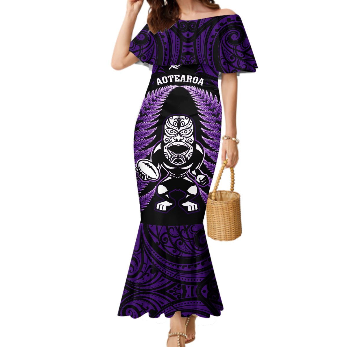 New Zealand Aotearoa Rugby Mermaid Dress NZ Tiki With Maori Fern World Cup Purple Version - Wonder Print Shop