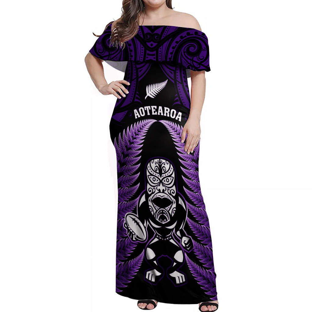 New Zealand Aotearoa Rugby Off Shoulder Maxi Dress NZ Tiki With Maori Fern World Cup Purple Version - Wonder Print Shop