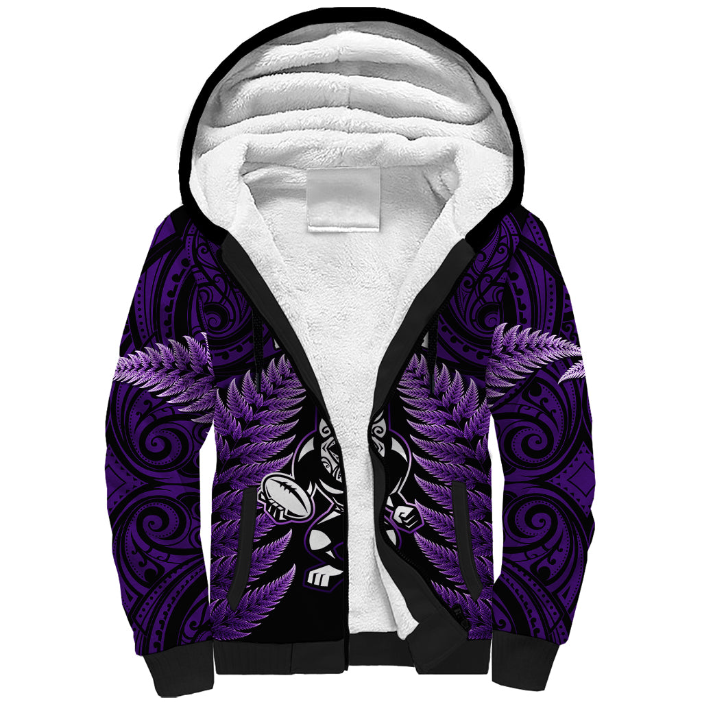 New Zealand Aotearoa Rugby Sherpa Hoodie NZ Tiki With Maori Fern World Cup Purple Version - Wonder Print Shop