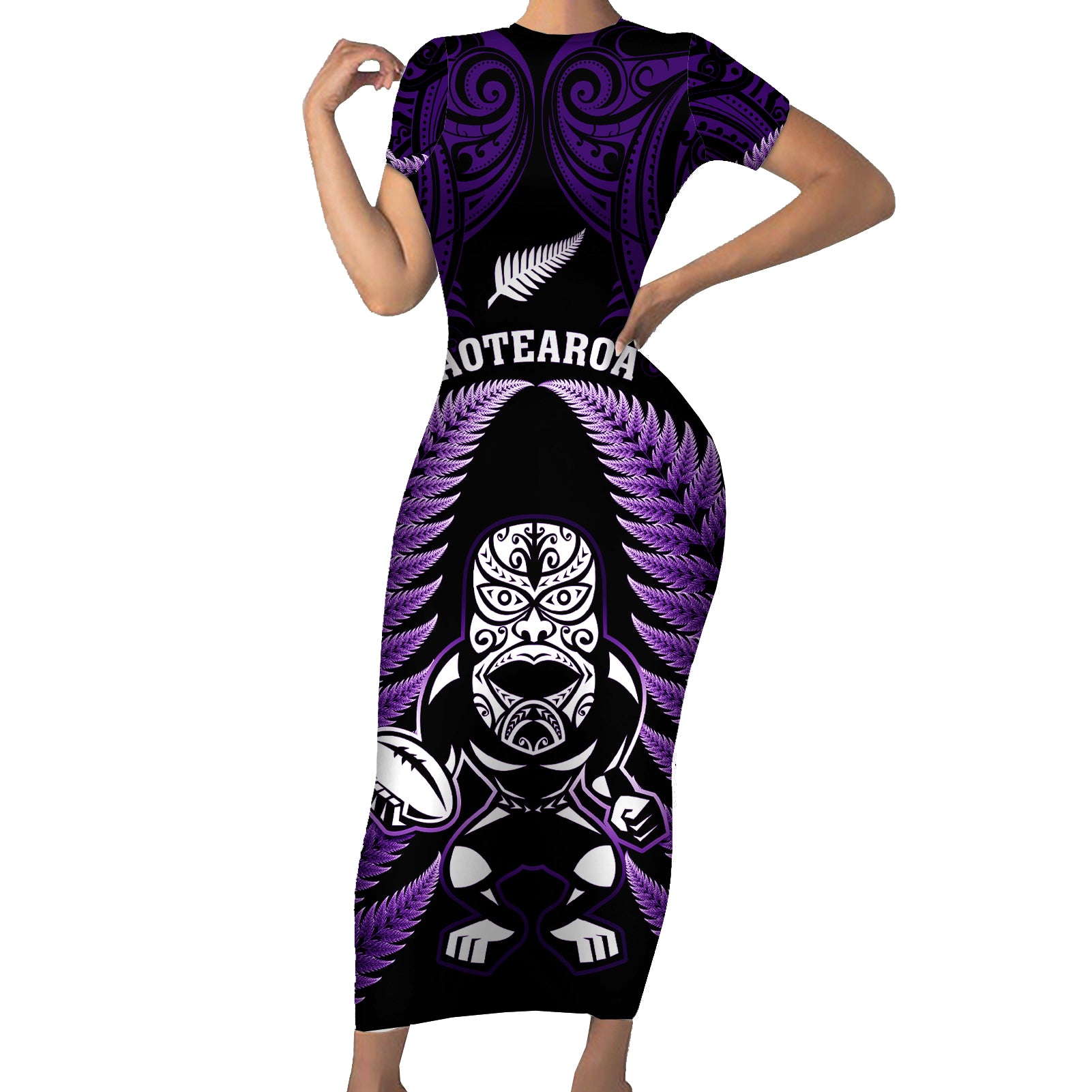 New Zealand Aotearoa Rugby Short Sleeve Bodycon Dress NZ Tiki With Maori Fern World Cup Purple Version - Wonder Print Shop