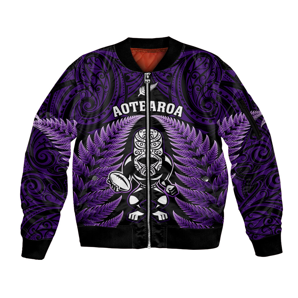 New Zealand Aotearoa Rugby Sleeve Zip Bomber Jacket NZ Tiki With Maori Fern World Cup Purple Version - Wonder Print Shop