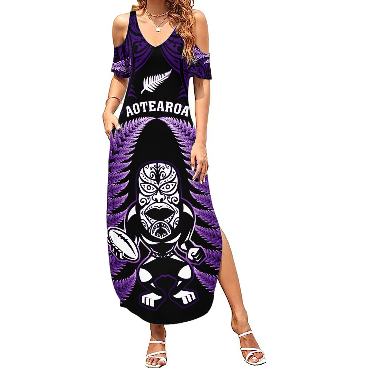 New Zealand Aotearoa Rugby Summer Maxi Dress NZ Tiki With Maori Fern World Cup Purple Version - Wonder Print Shop