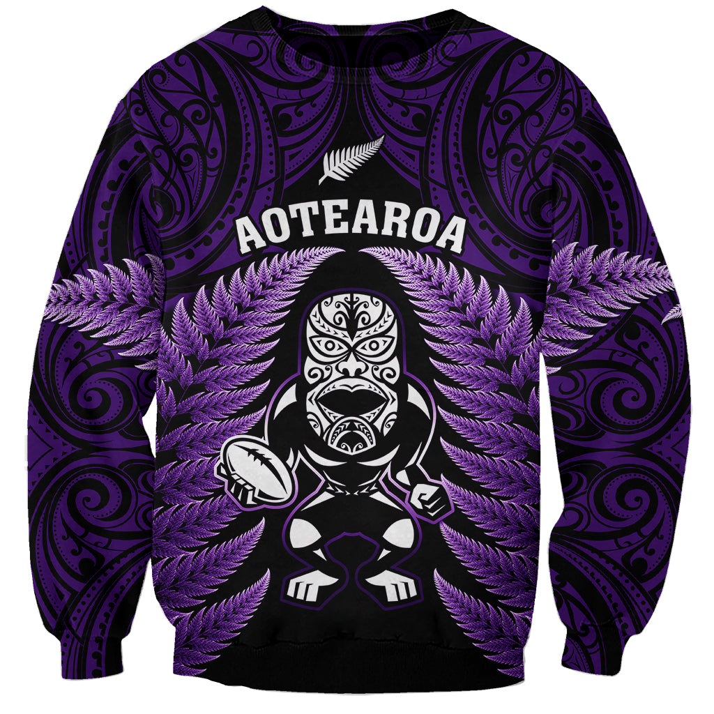 New Zealand Aotearoa Rugby Sweatshirt NZ Tiki With Maori Fern World Cup Purple Version - Wonder Print Shop