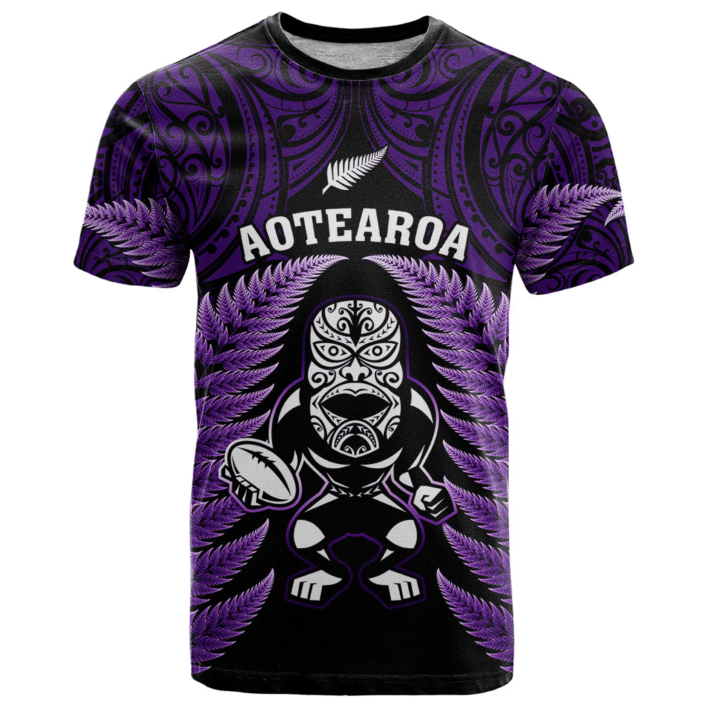 New Zealand Aotearoa Rugby T Shirt NZ Tiki With Maori Fern World Cup Purple Version - Wonder Print Shop