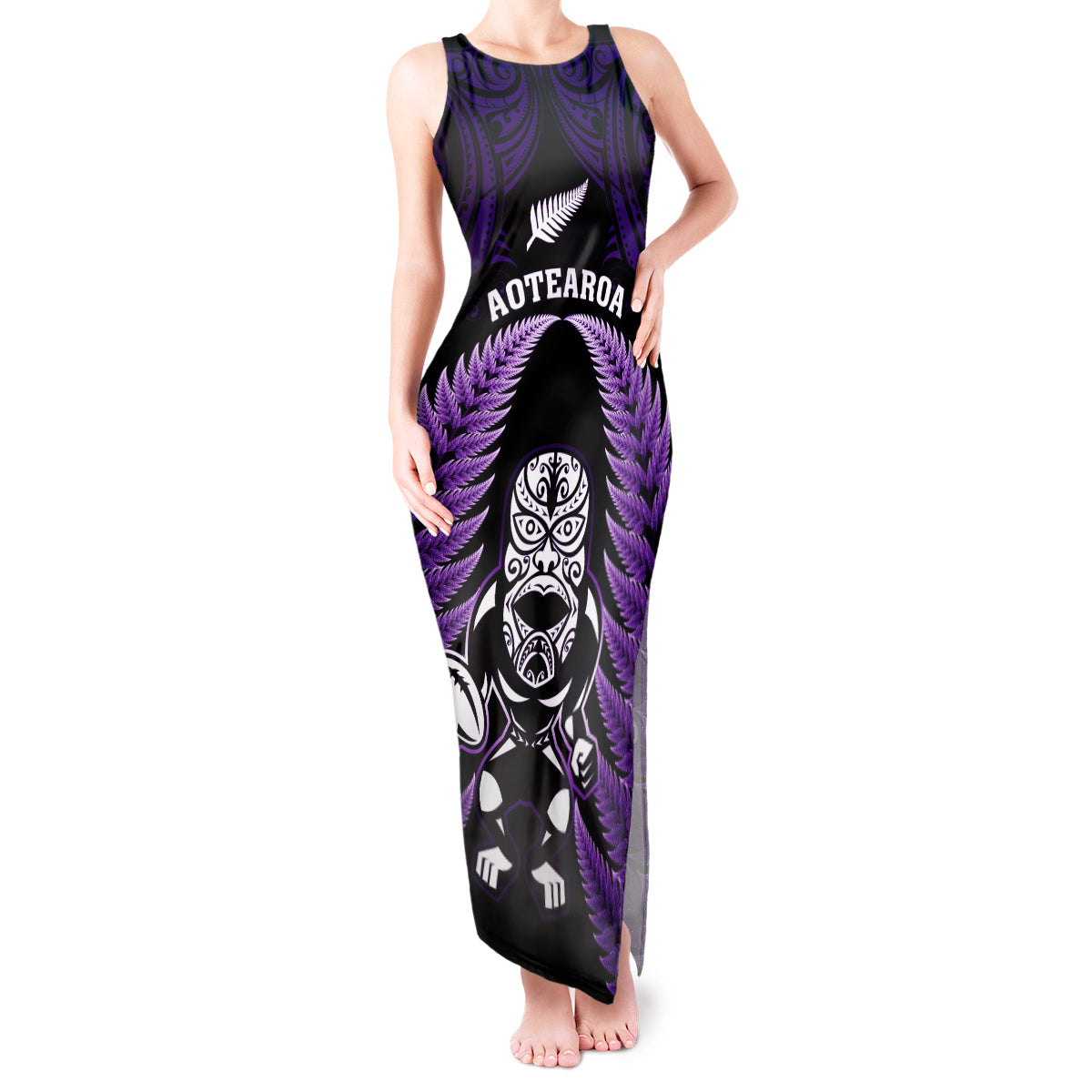 New Zealand Aotearoa Rugby Tank Maxi Dress NZ Tiki With Maori Fern World Cup Purple Version - Wonder Print Shop