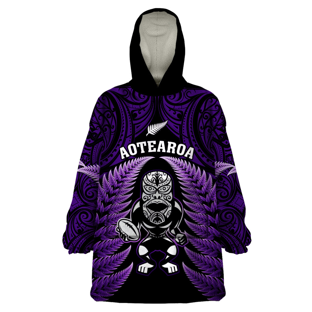 New Zealand Aotearoa Rugby Wearable Blanket Hoodie NZ Tiki With Maori Fern World Cup Purple Version - Wonder Print Shop