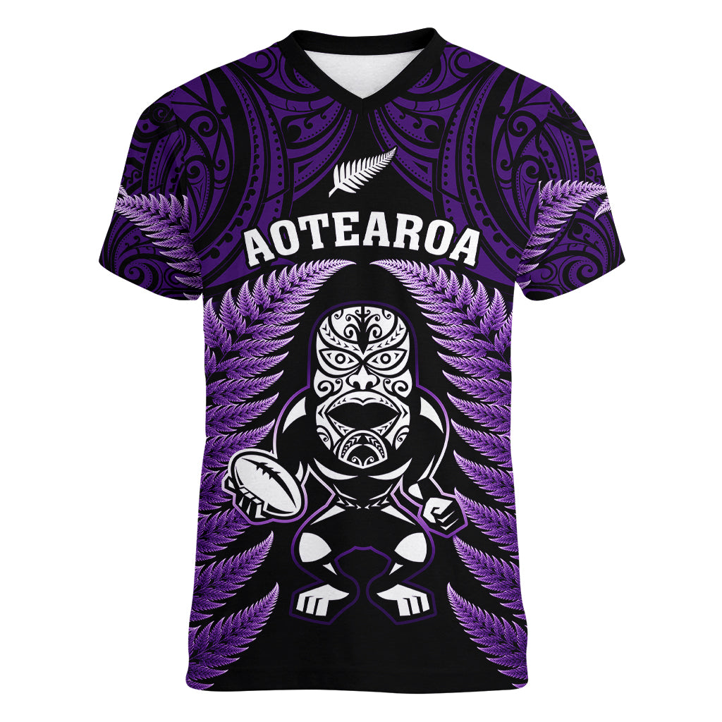 New Zealand Aotearoa Rugby Women V Neck T Shirt NZ Tiki With Maori Fern World Cup Purple Version - Wonder Print Shop