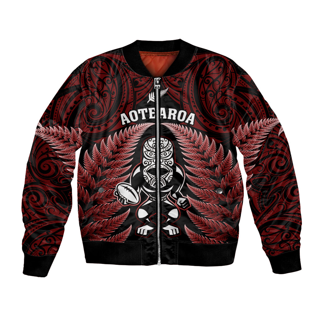 Aotearoa rugby bomber jacket with red Maori fern and tiki print