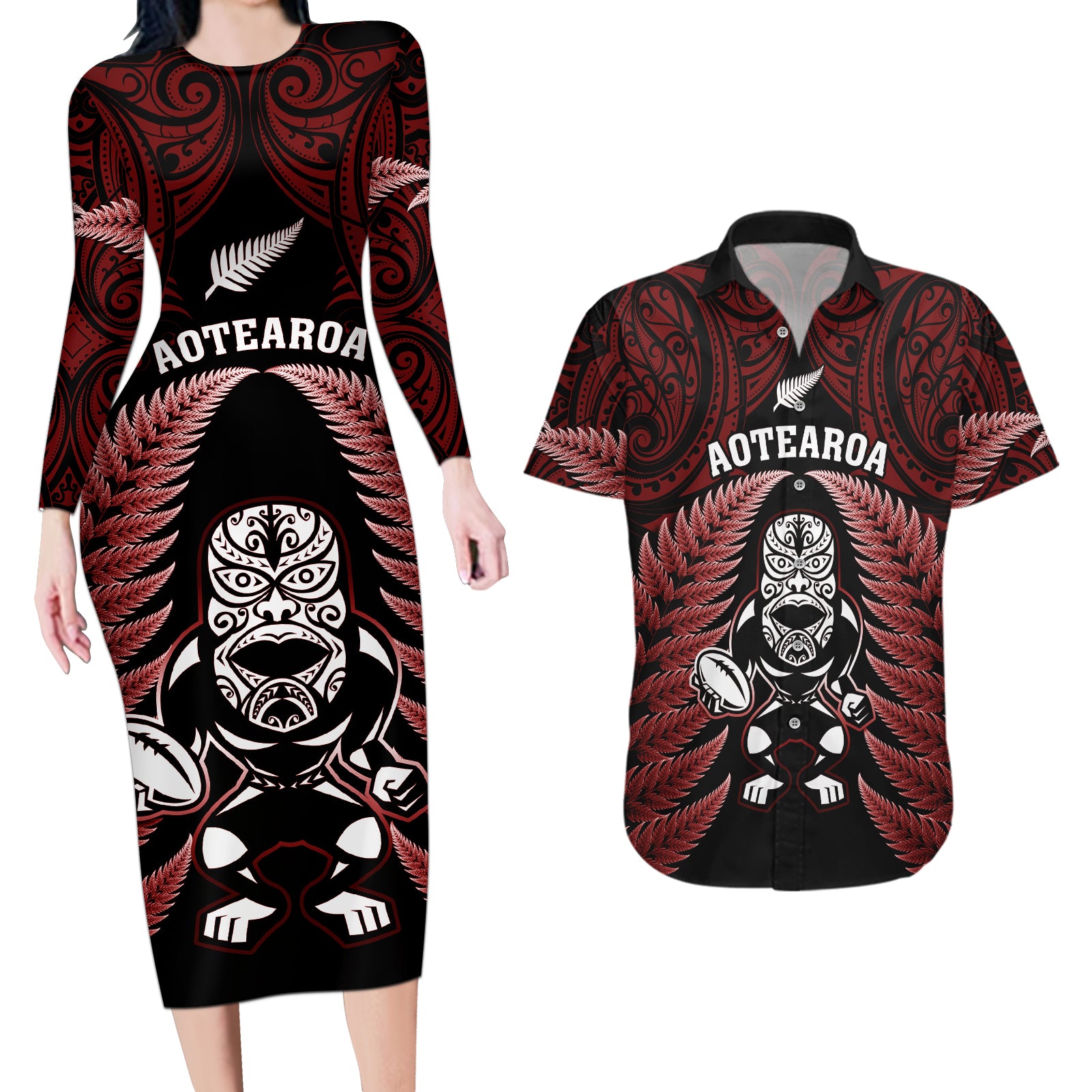 New Zealand Aotearoa Rugby Couples Matching Long Sleeve Bodycon Dress and Hawaiian Shirt NZ Tiki With Maori Fern World Cup Red Version - Wonder Print Shop