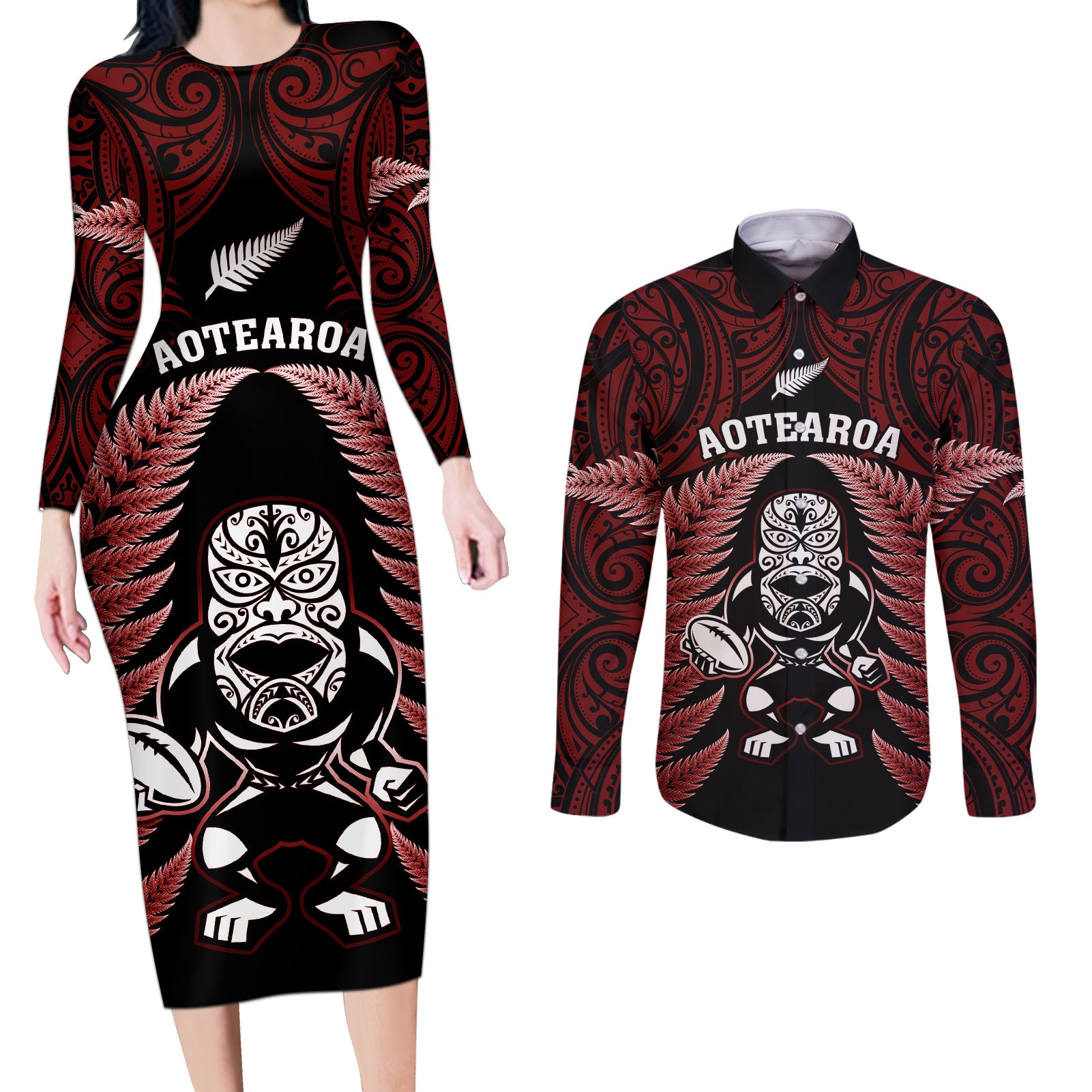 New Zealand Aotearoa Rugby Couples Matching Long Sleeve Bodycon Dress and Long Sleeve Button Shirts NZ Tiki With Maori Fern World Cup Red Version - Wonder Print Shop