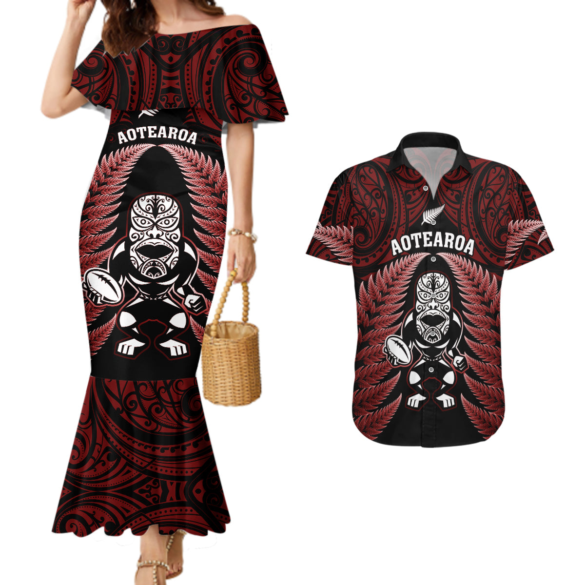 New Zealand Aotearoa Rugby Couples Matching Mermaid Dress and Hawaiian Shirt NZ Tiki With Maori Fern World Cup Red Version - Wonder Print Shop