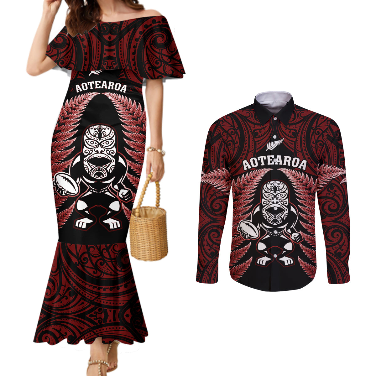 new-zealand-aotearoa-rugby-couples-matching-mermaid-dress-and-long-sleeve-button-shirts-nz-tiki-with-maori-fern-world-cup-red-version