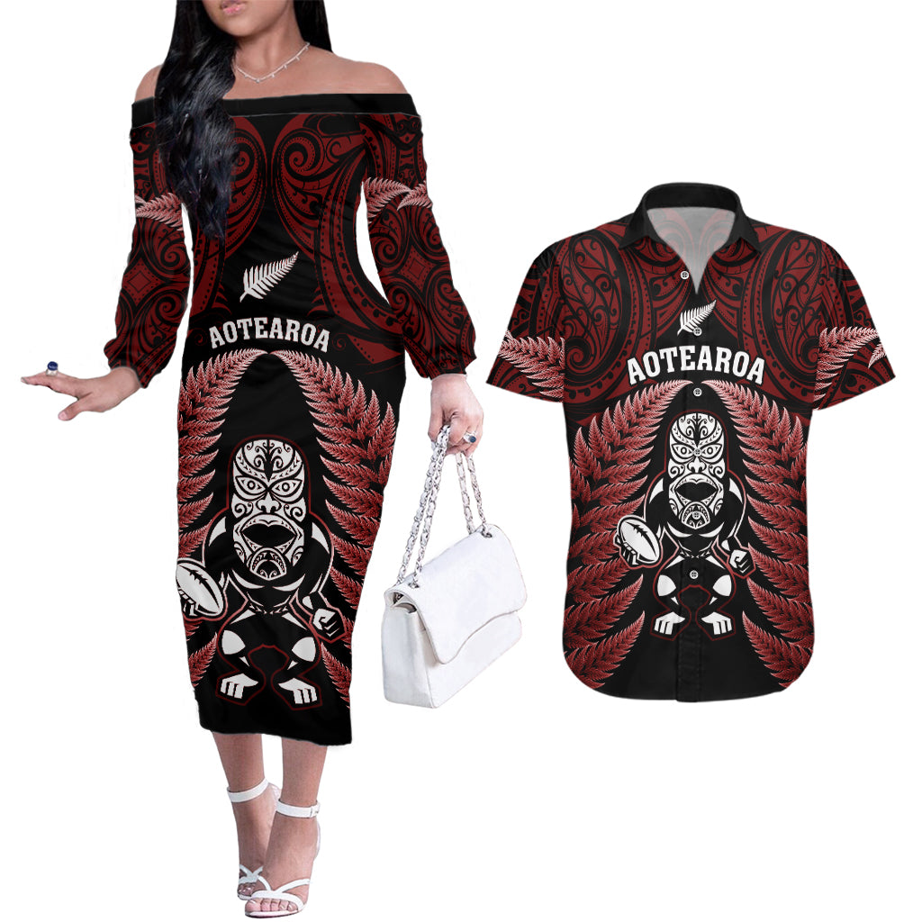 New Zealand Aotearoa Rugby Couples Matching Off The Shoulder Long Sleeve Dress and Hawaiian Shirt NZ Tiki With Maori Fern World Cup Red Version - Wonder Print Shop