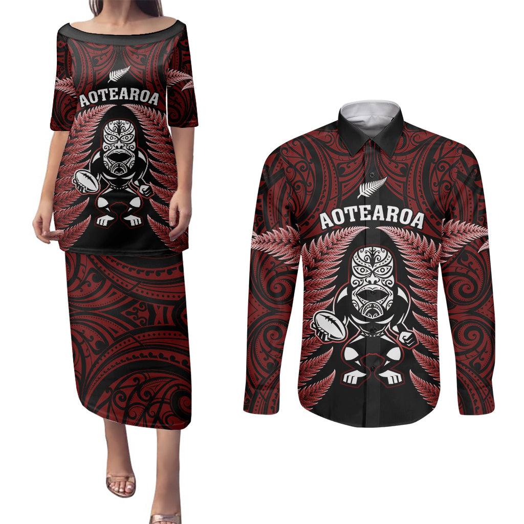 New Zealand Aotearoa Rugby Couples Matching Puletasi Dress and Long Sleeve Button Shirts NZ Tiki With Maori Fern World Cup Red Version - Wonder Print Shop