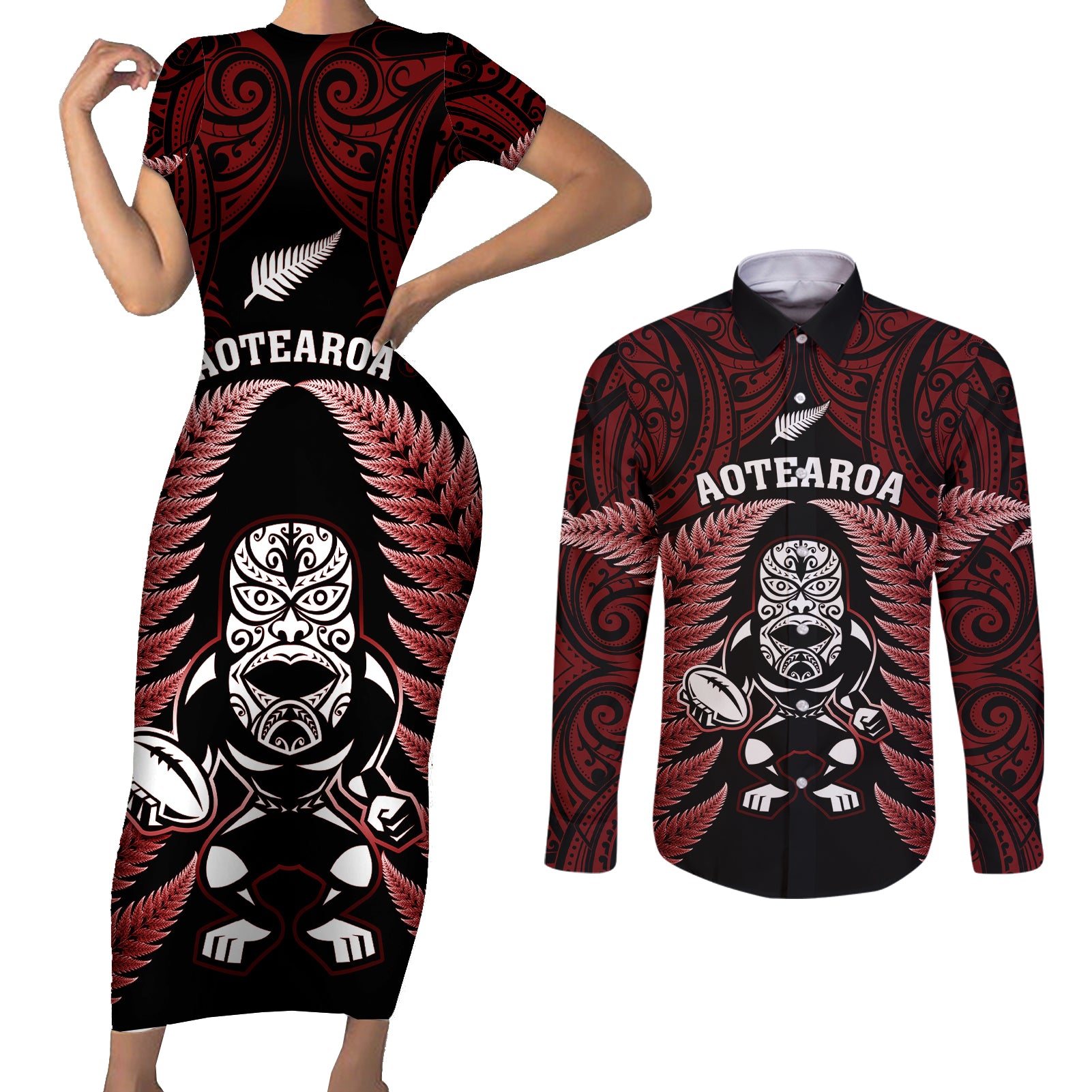 New Zealand Aotearoa Rugby Couples Matching Short Sleeve Bodycon Dress and Long Sleeve Button Shirts NZ Tiki With Maori Fern World Cup Red Version - Wonder Print Shop