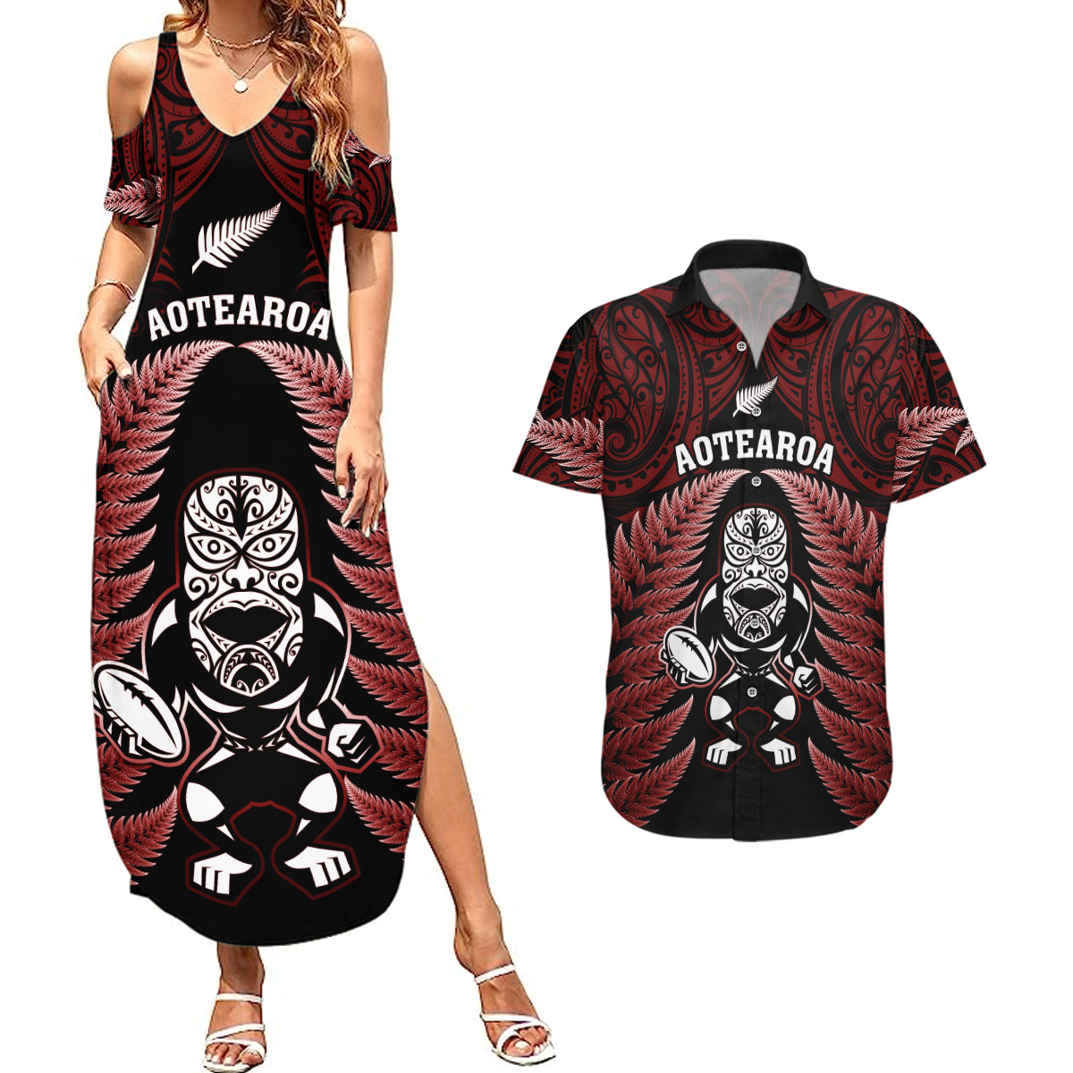 New Zealand Aotearoa Rugby Couples Matching Summer Maxi Dress and Hawaiian Shirt NZ Tiki With Maori Fern World Cup Red Version - Wonder Print Shop