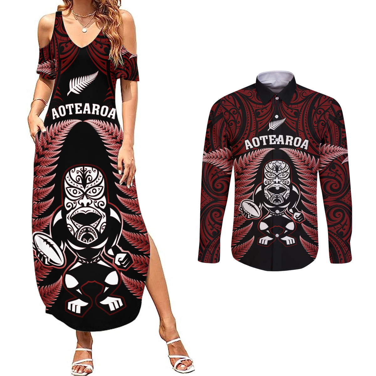 New Zealand Aotearoa Rugby Couples Matching Summer Maxi Dress and Long Sleeve Button Shirts NZ Tiki With Maori Fern World Cup Red Version - Wonder Print Shop