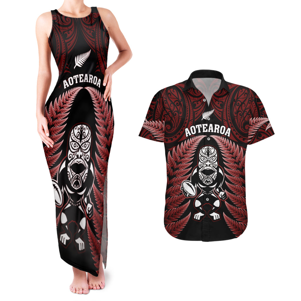 New Zealand Aotearoa Rugby Couples Matching Tank Maxi Dress and Hawaiian Shirt NZ Tiki With Maori Fern World Cup Red Version - Wonder Print Shop